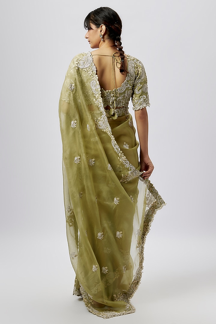 Lime Green Organza Resham Work Reception Saree Set by Prisho at Pernia's Pop Up Shop