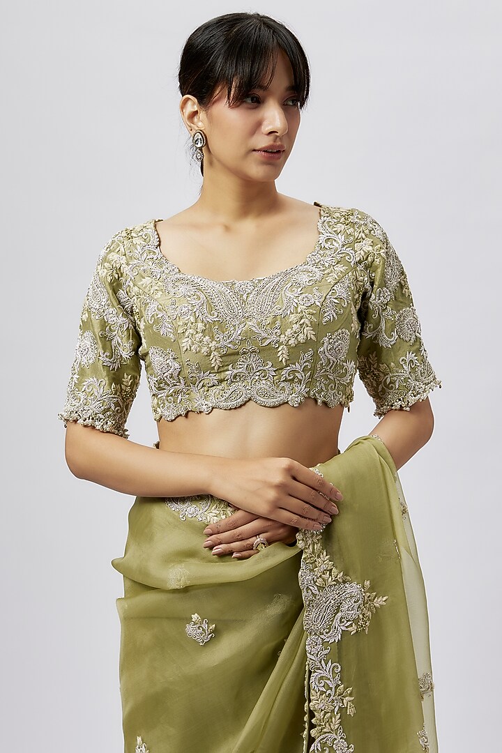 Lime Green Organza Resham Work Reception Saree Set by Prisho at Pernia's Pop Up Shop
