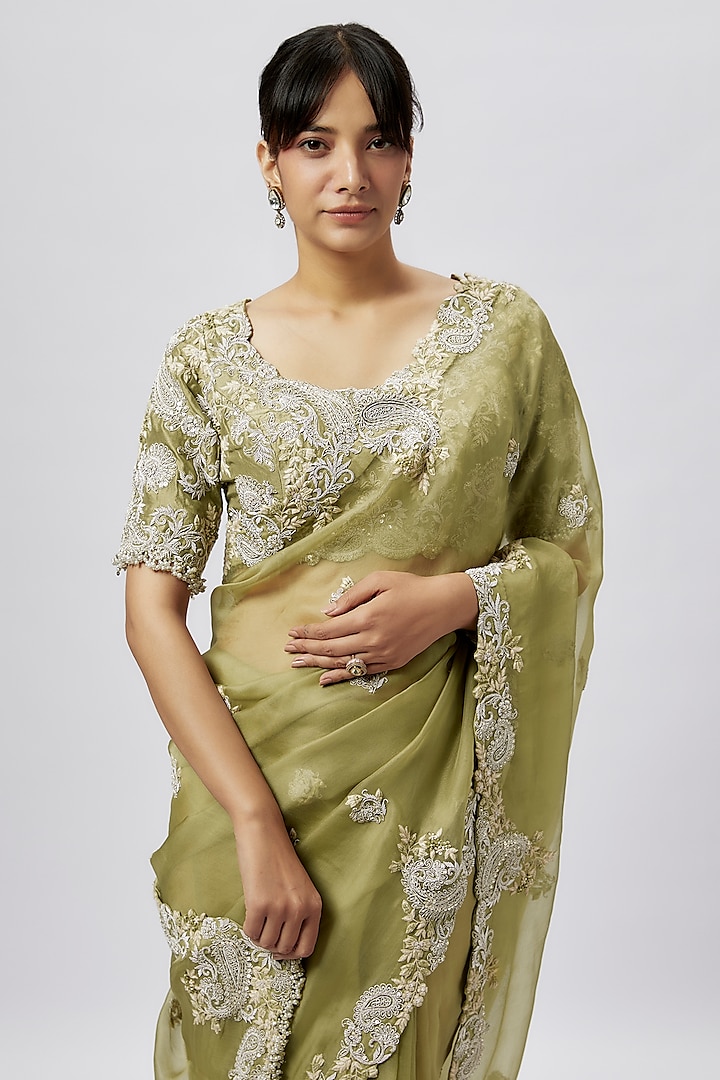 Lime Green Organza Resham Work Reception Saree Set by Prisho at Pernia's Pop Up Shop