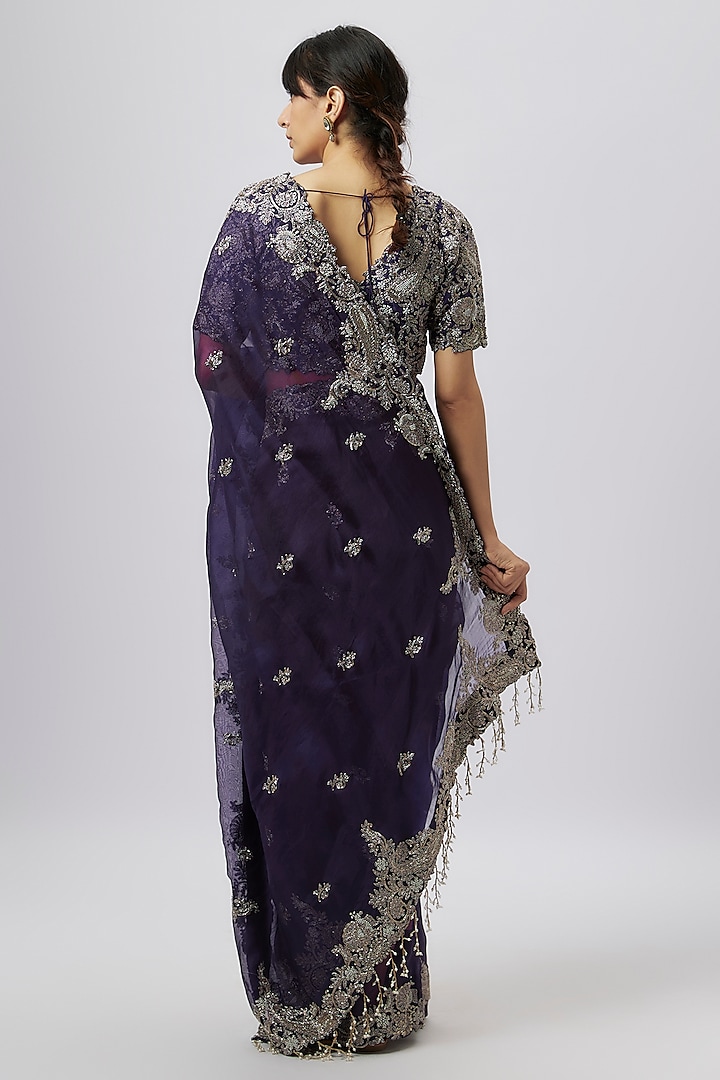 Purple Organza Zari Work Reception Saree Set by Prisho at Pernia's Pop Up Shop