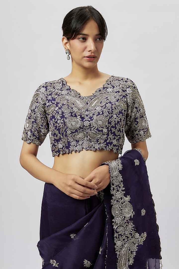 Purple Organza Zari Work Reception Saree Set by Prisho at Pernia's Pop Up Shop
