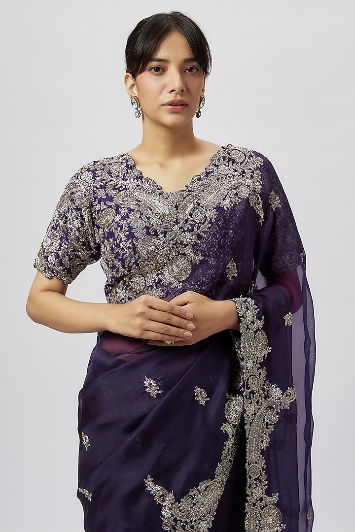 Purple Organza Zari Work Reception Saree Set by Prisho at Pernia's Pop Up Shop
