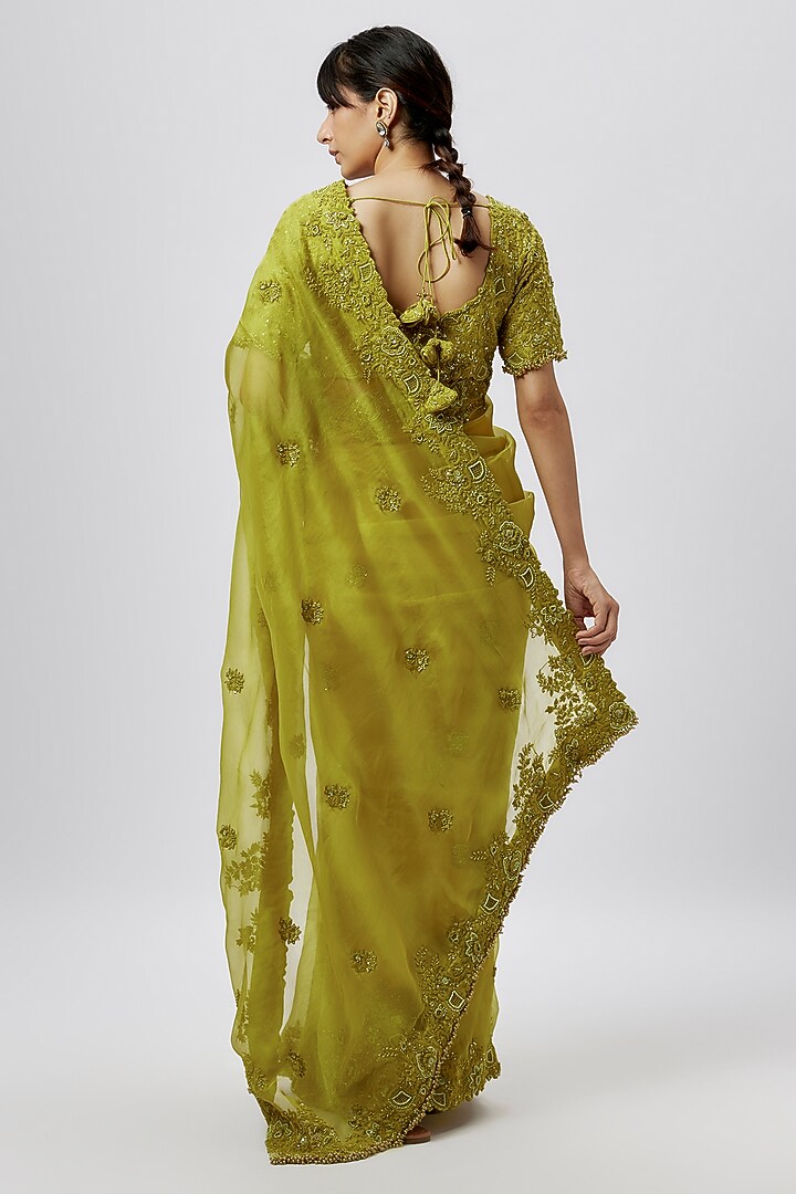 Lime Green Organza Resham Work Reception Saree Set by Prisho at Pernia's Pop Up Shop