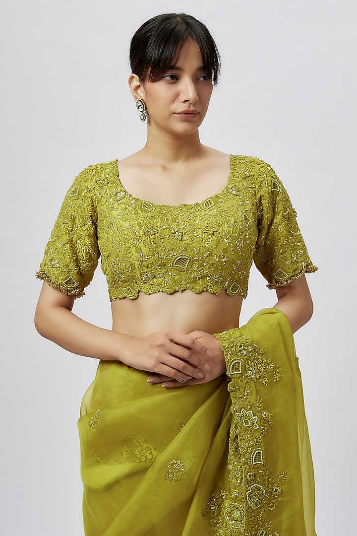 Lime Green Organza Resham Work Reception Saree Set by Prisho at Pernia's Pop Up Shop