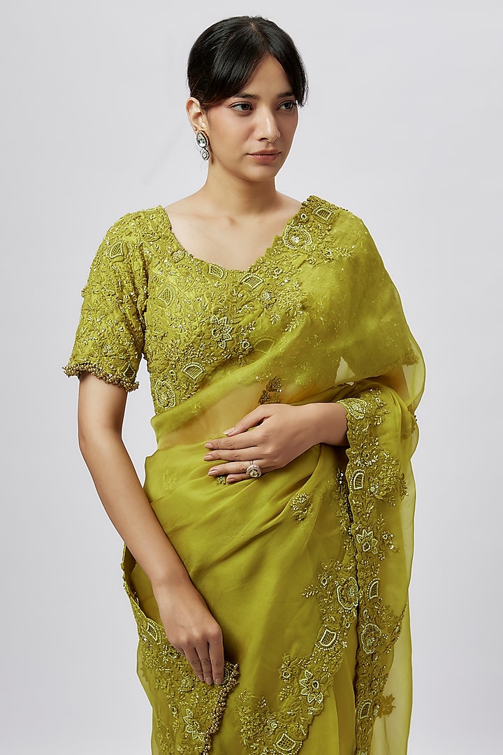 Lime Green Organza Resham Work Reception Saree Set by Prisho at Pernia's Pop Up Shop