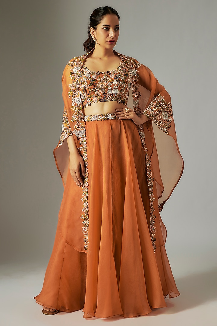 Orange Organza Skirt Set by Prisho