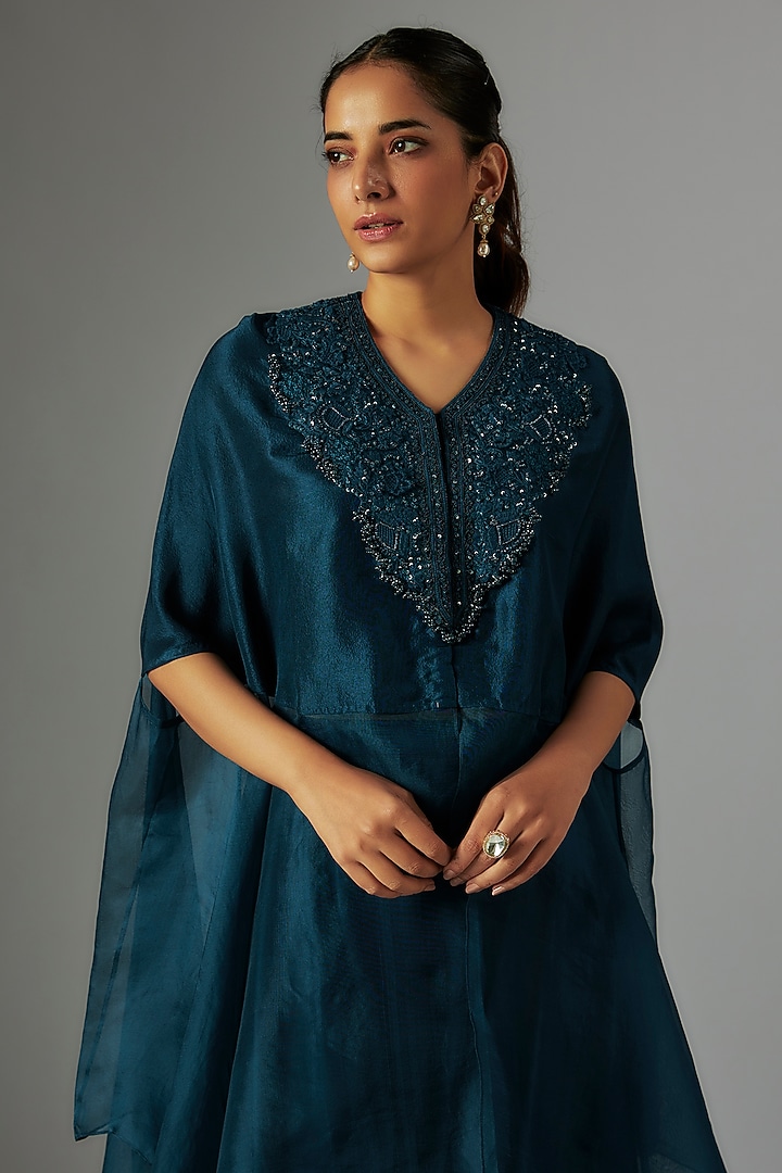 Blue Organza Resham Work Kaftan Set by Prisho at Pernia's Pop Up Shop