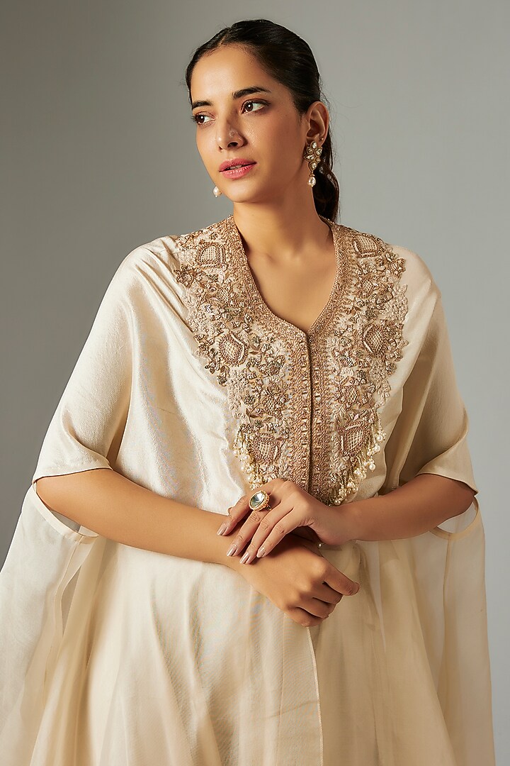 Ivory Organza Resham & Dori Work Kaftan Set by Prisho at Pernia's Pop Up Shop