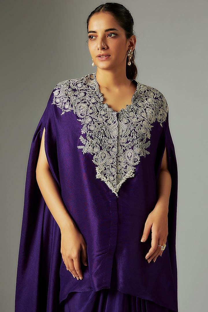 Purple Silk Dori & Resham Embroidered Kaftan Set by Prisho at Pernia's Pop Up Shop
