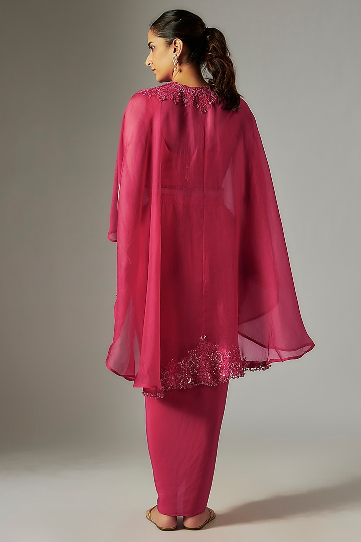 Hot Pink Organza Resham Embroidered Umbrella Kaftan Set by Prisho at Pernia's Pop Up Shop