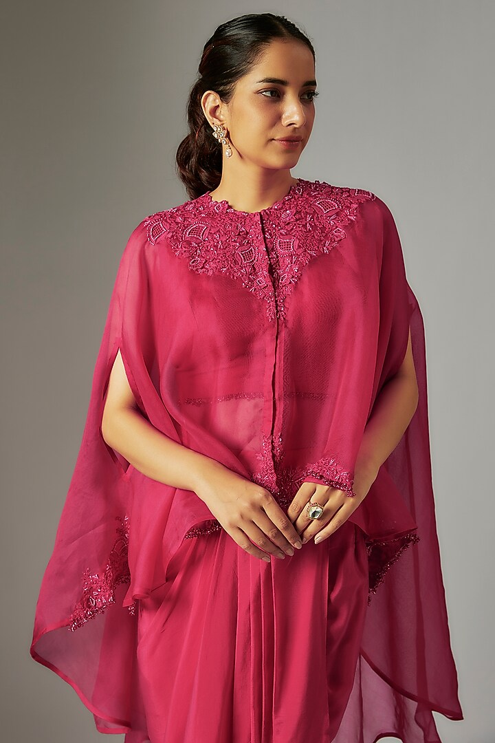 Hot Pink Organza Resham Embroidered Umbrella Kaftan Set by Prisho at Pernia's Pop Up Shop