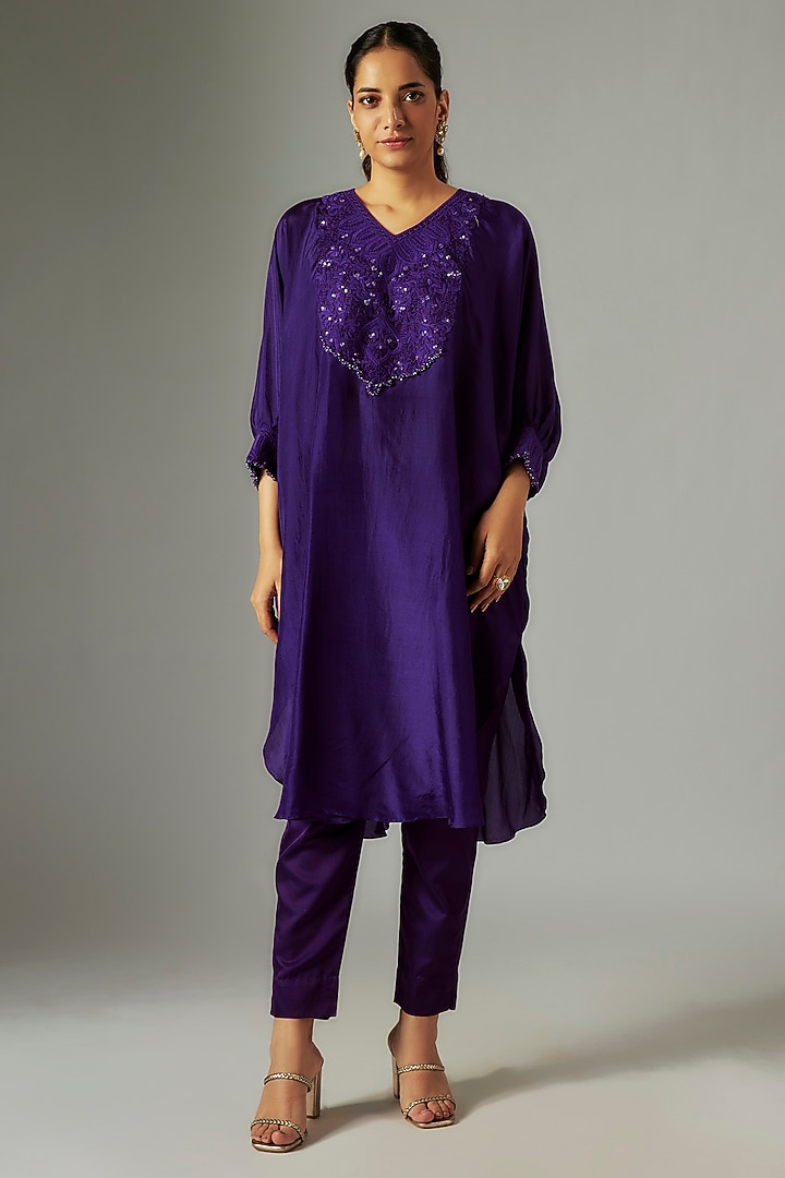 Purple Crepe Resham Work Kaftan Set by Prisho at Pernia's Pop Up Shop