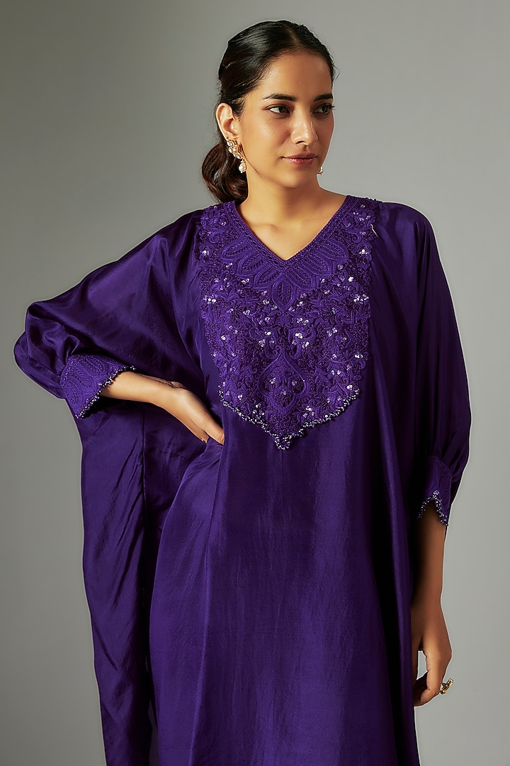 Purple Crepe Resham Work Kaftan Set by Prisho at Pernia's Pop Up Shop