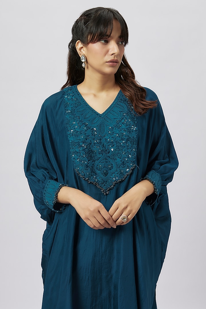 Blue Crepe Resham Work Kaftan Set by Prisho at Pernia's Pop Up Shop
