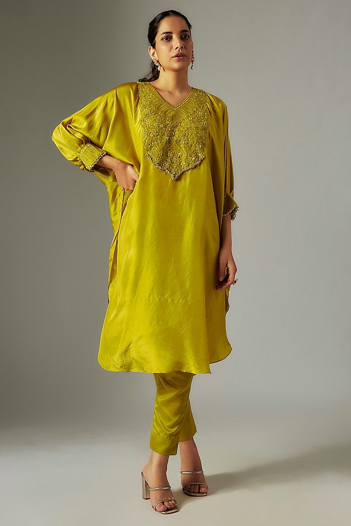 Lime Green Crepe Resham Work Kaftan Set by Prisho at Pernia's Pop Up Shop