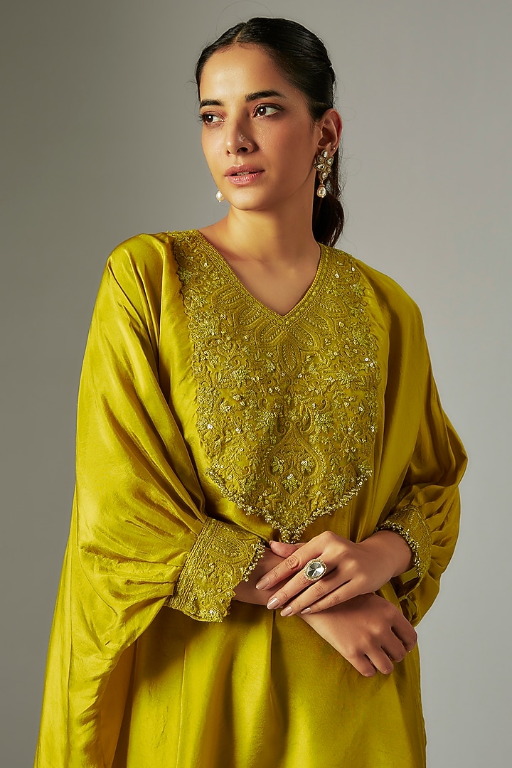 Lime Green Crepe Resham Work Kaftan Set by Prisho at Pernia's Pop Up Shop