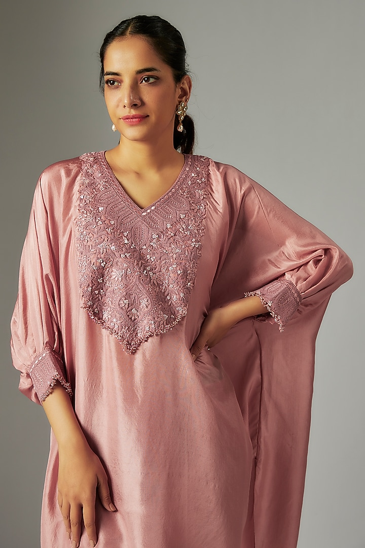 Blush Pink Crepe Resham Work Kaftan Set by Prisho at Pernia's Pop Up Shop