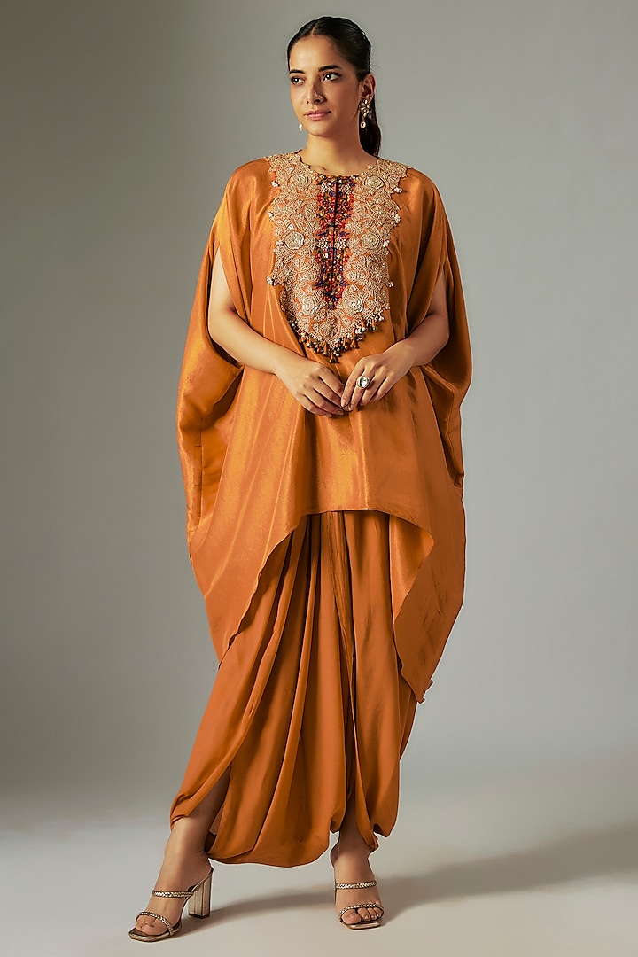Orange Silk Dori Work Kaftan Set by Prisho
