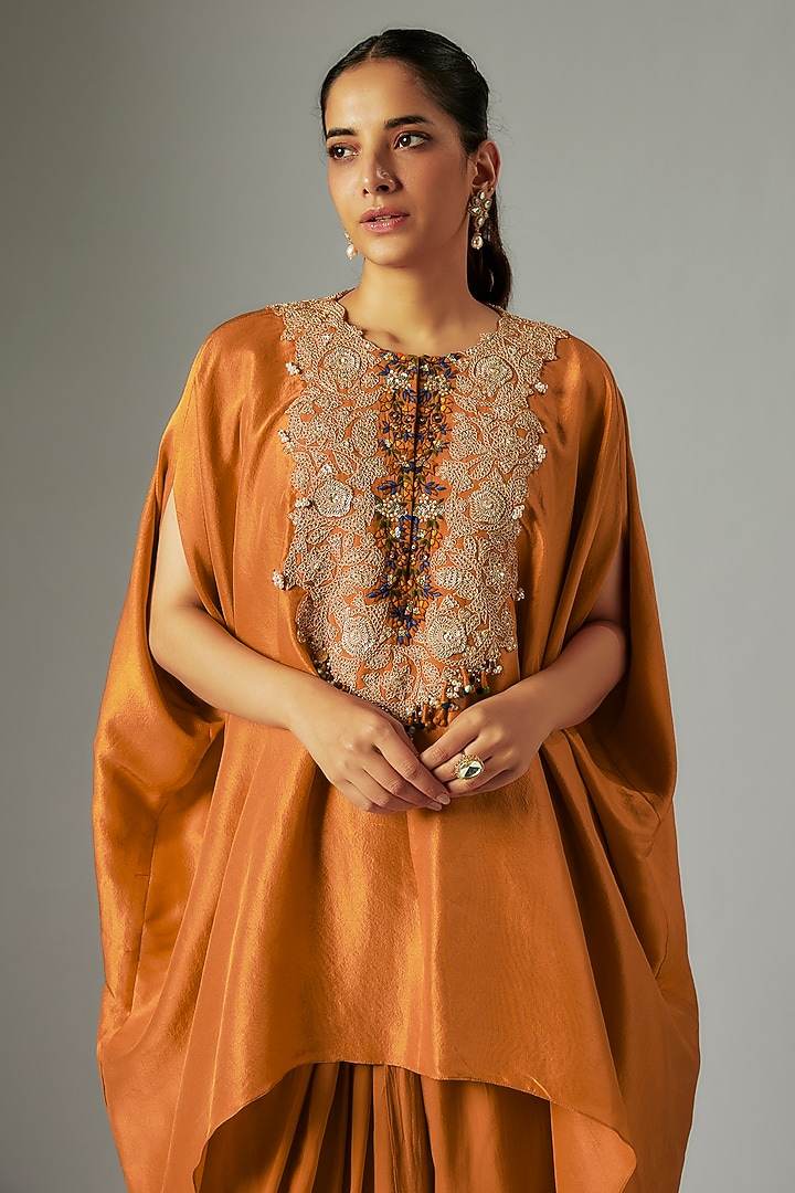 Orange Silk Dori Work Kaftan Set by Prisho at Pernia's Pop Up Shop