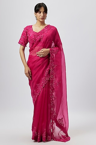 Fuchsia Organza Resham Work Saree Set by Prisho