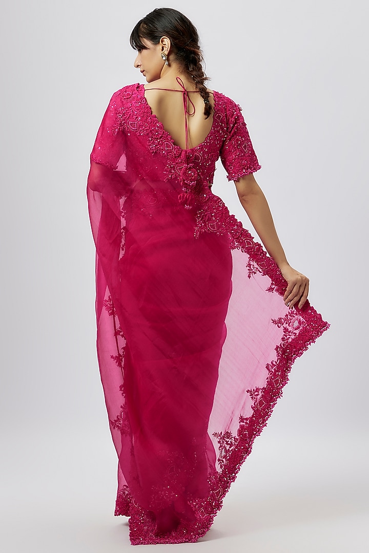 Fuchsia Organza Resham Work Reception Saree Set by Prisho at Pernia's Pop Up Shop