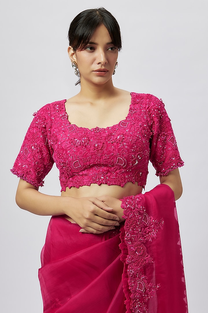 Fuchsia Organza Resham Work Reception Saree Set by Prisho at Pernia's Pop Up Shop