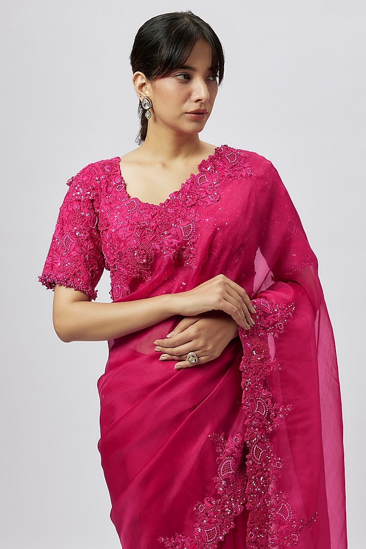 Fuchsia Organza Resham Work Reception Saree Set by Prisho at Pernia's Pop Up Shop