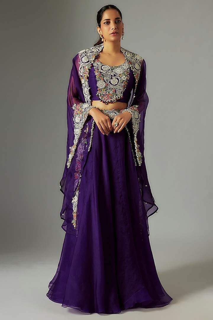 Purple Silk Dori Work Skirt Set by Prisho at Pernia's Pop Up Shop