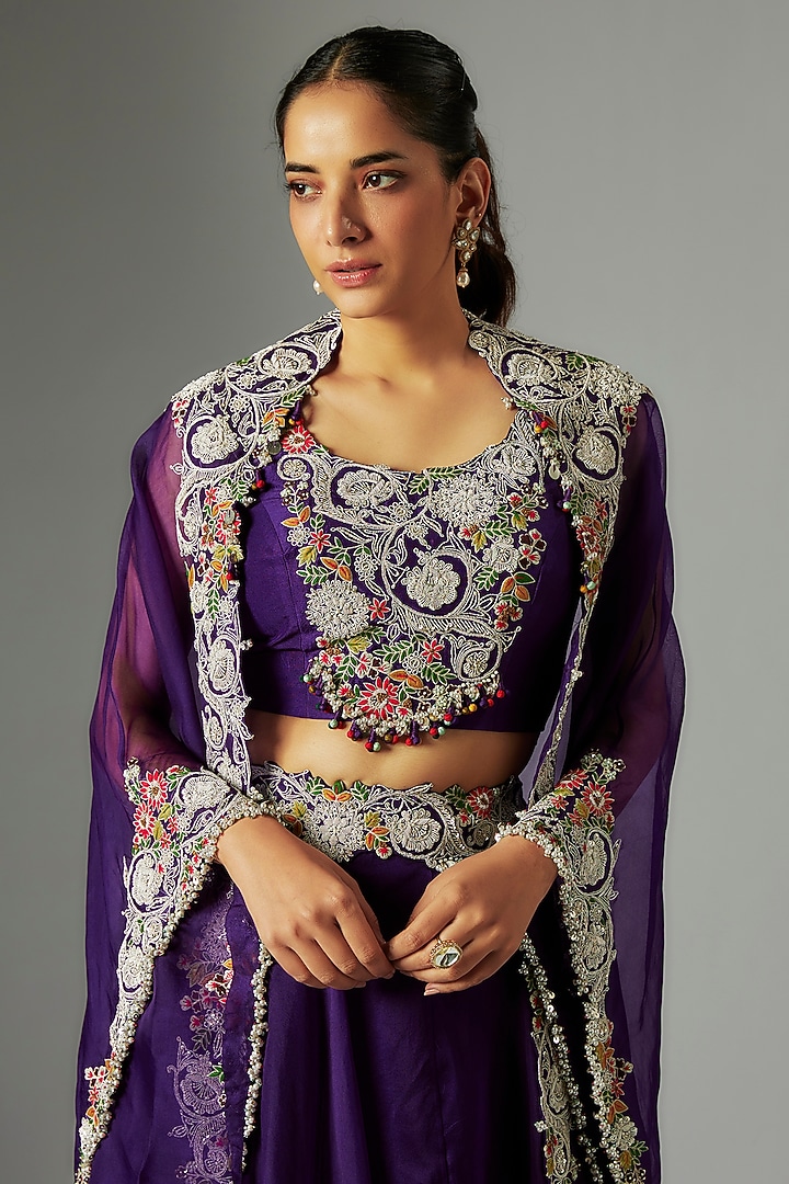 Purple Silk Dori Work Skirt Set by Prisho at Pernia's Pop Up Shop