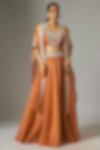 Orange Silk Dori Work Skirt Set by Prisho