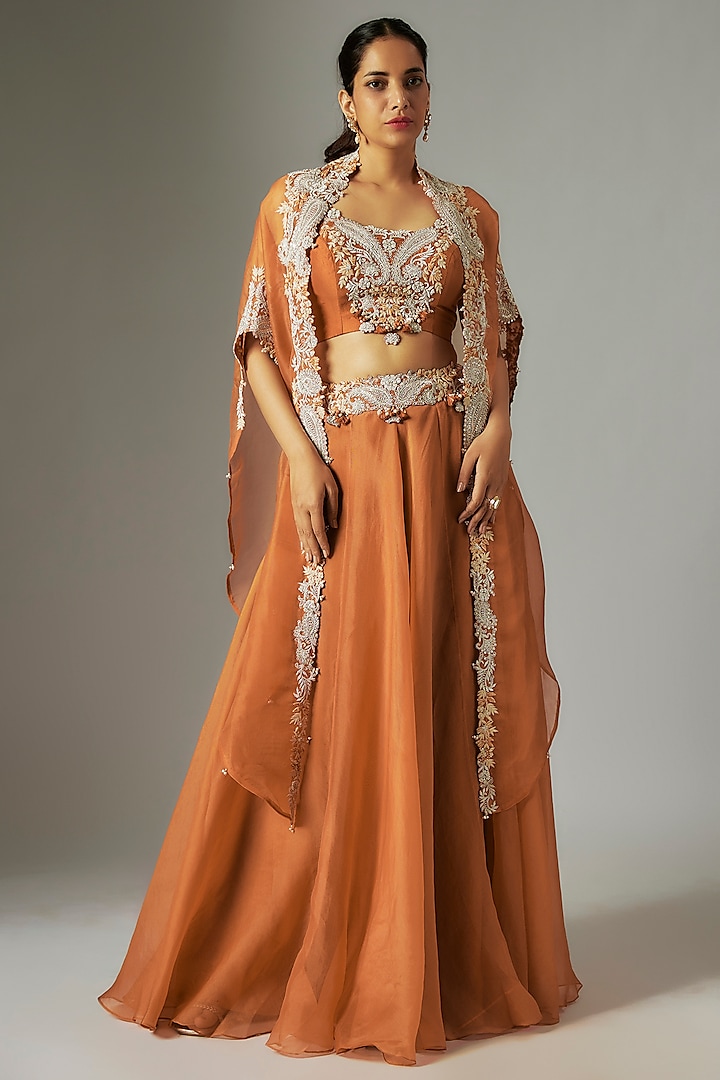 Orange Silk Dori Work Skirt Set by Prisho