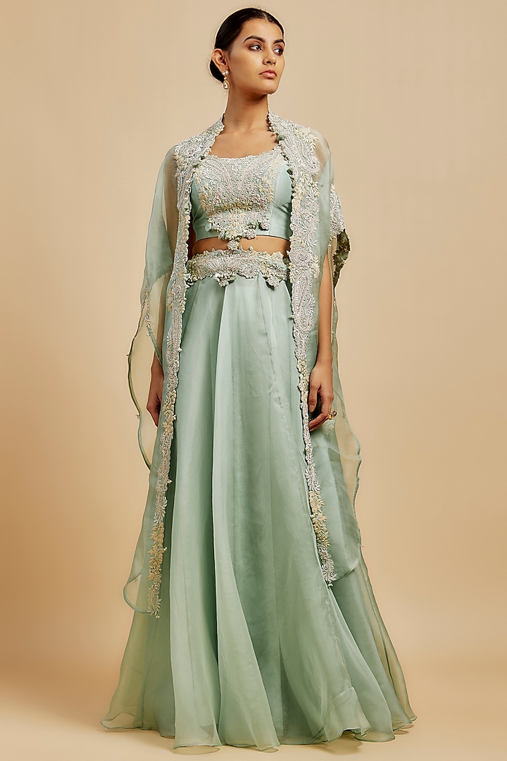 Aqua Blue Organza Skirt Set by Prisho at Pernia's Pop Up Shop