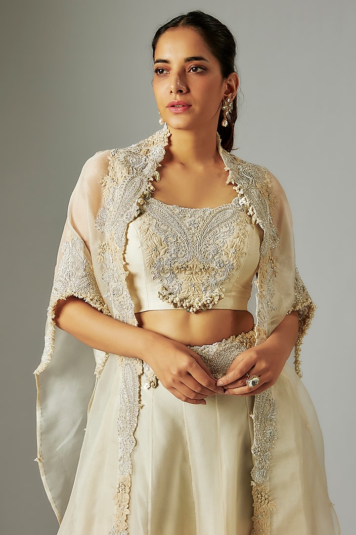 Ivory Organza Jacket Wedding Lehenga Set by Prisho at Pernia's Pop Up Shop