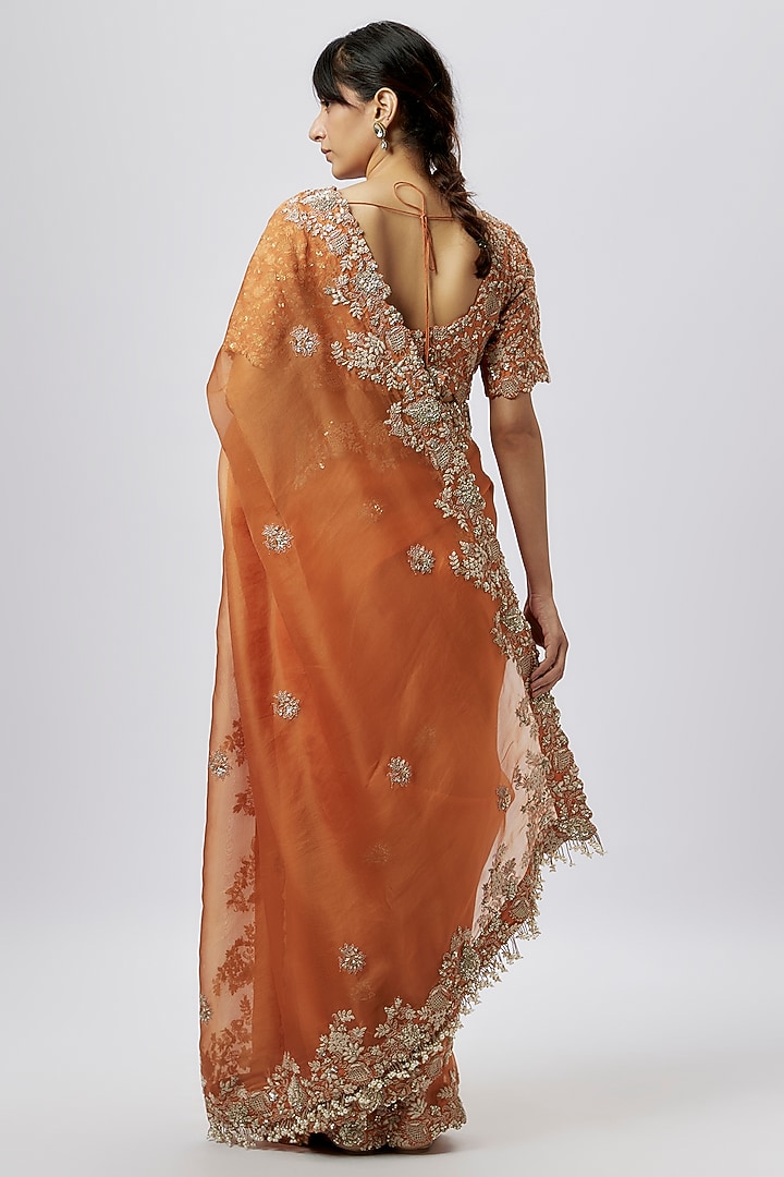 Rust Organza Resham Work Reception Saree Set by Prisho at Pernia's Pop Up Shop