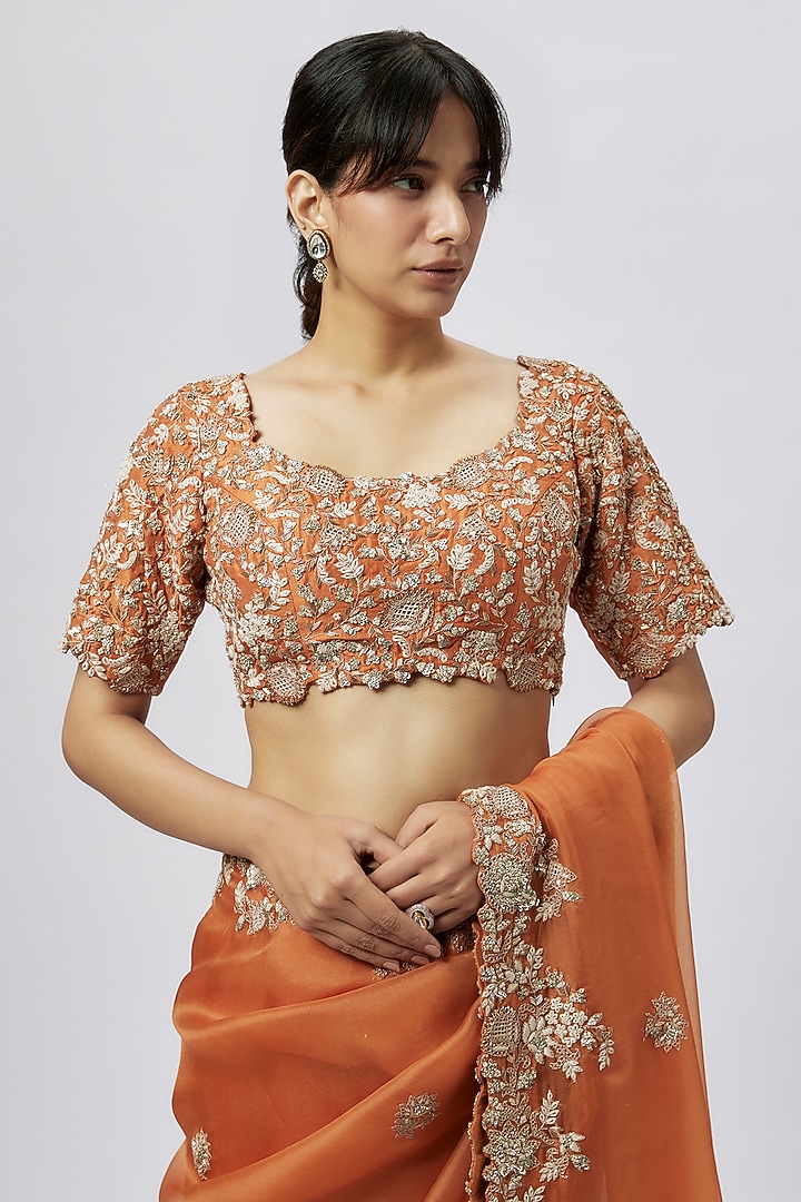 Rust Organza Resham Work Reception Saree Set by Prisho at Pernia's Pop Up Shop
