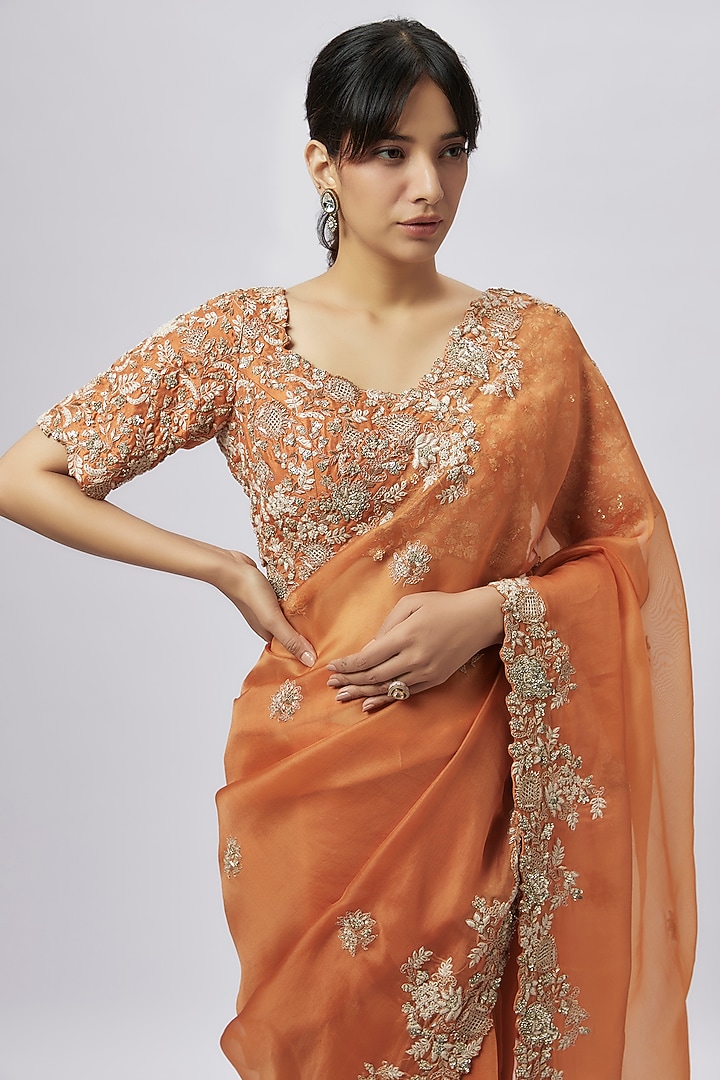 Rust Organza Resham Work Reception Saree Set by Prisho at Pernia's Pop Up Shop