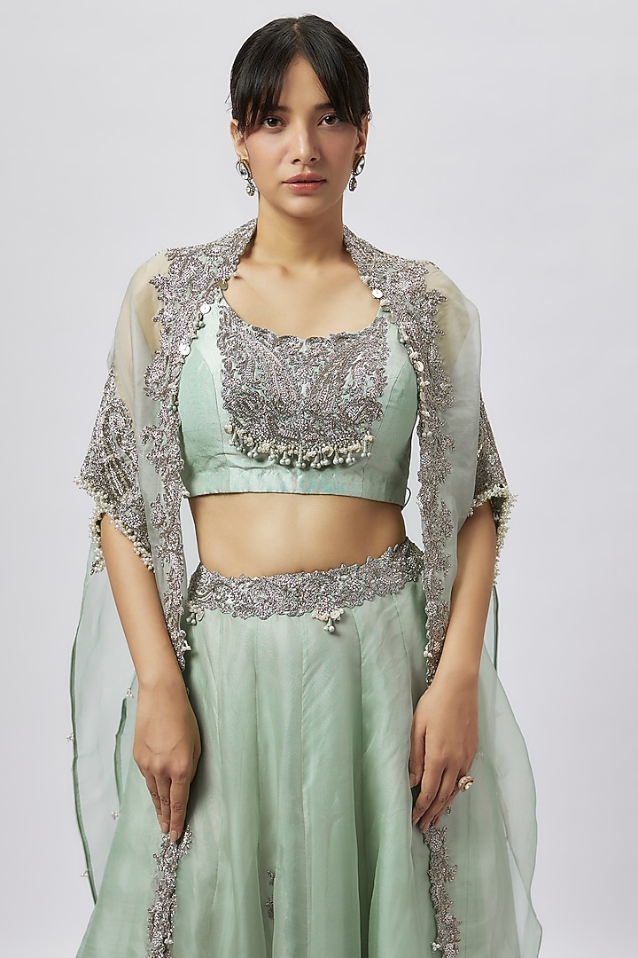 Aqua Organza Zari Work Skirt Set by Prisho at Pernia's Pop Up Shop