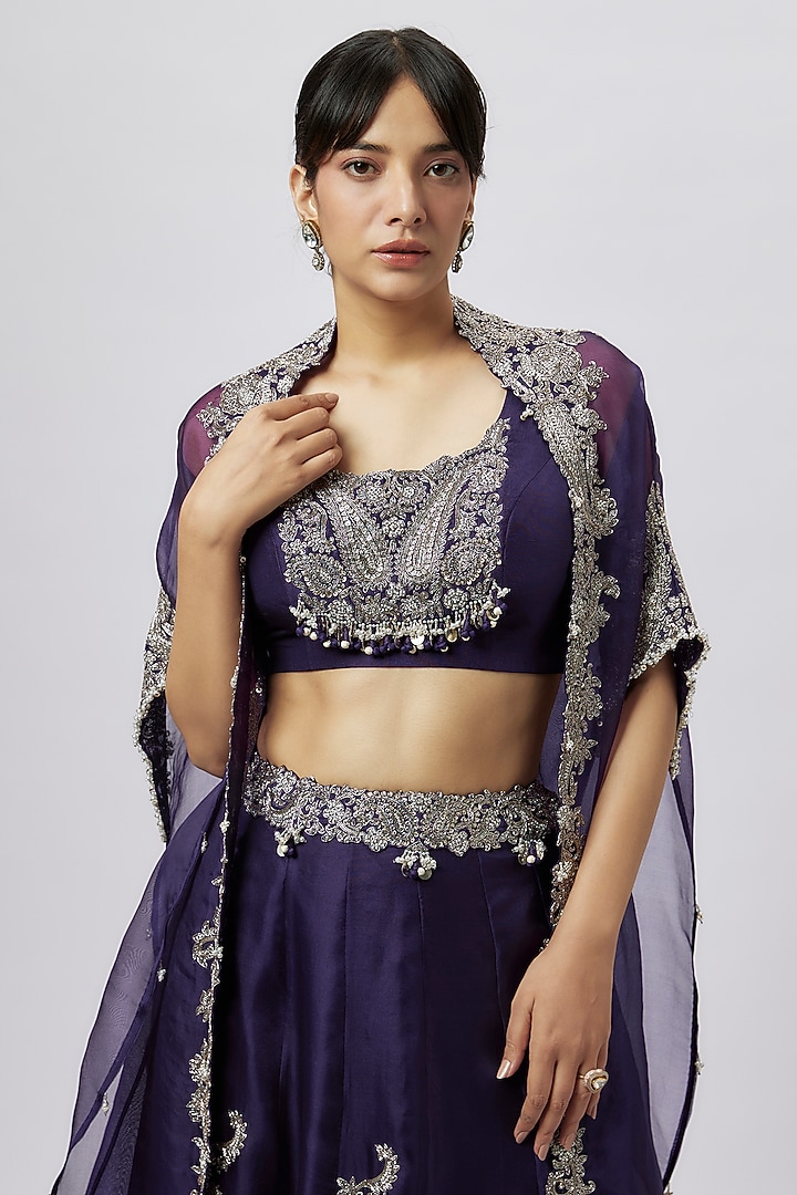 Dark Purple Organza Zari Work Skirt Set by Prisho at Pernia's Pop Up Shop