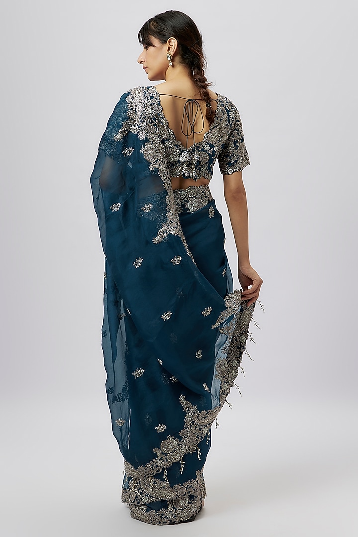 Navy Blue Organza Zari Work Reception Saree Set by Prisho at Pernia's Pop Up Shop