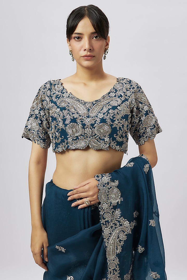 Navy Blue Organza Zari Work Reception Saree Set by Prisho at Pernia's Pop Up Shop
