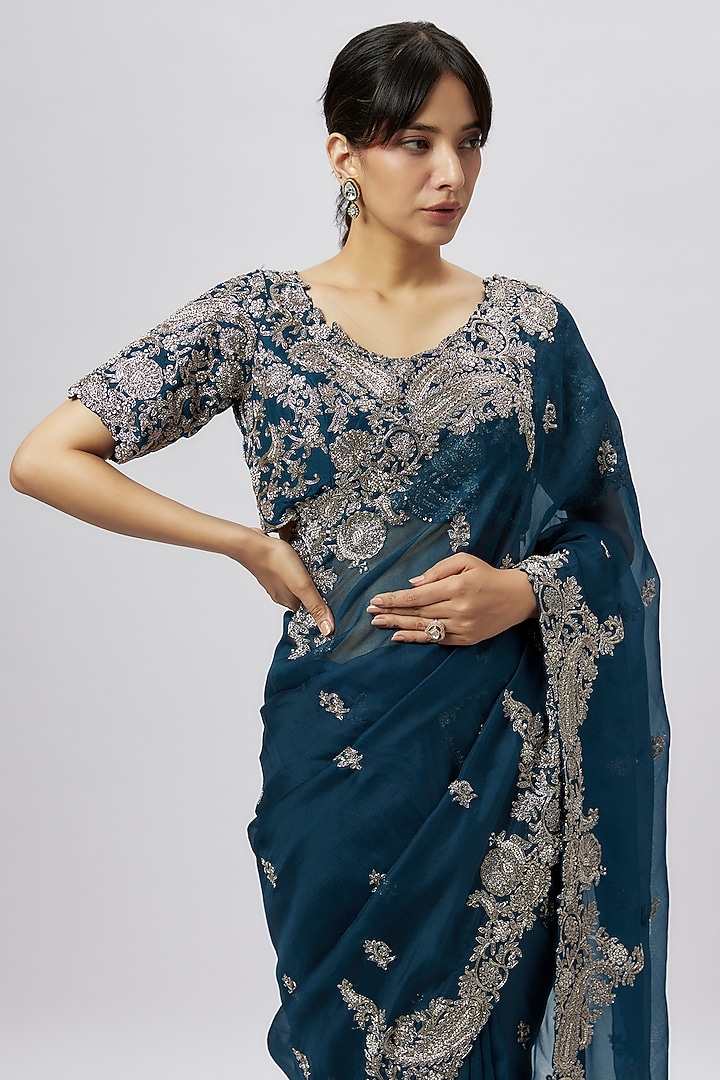 Navy Blue Organza Zari Work Reception Saree Set by Prisho at Pernia's Pop Up Shop