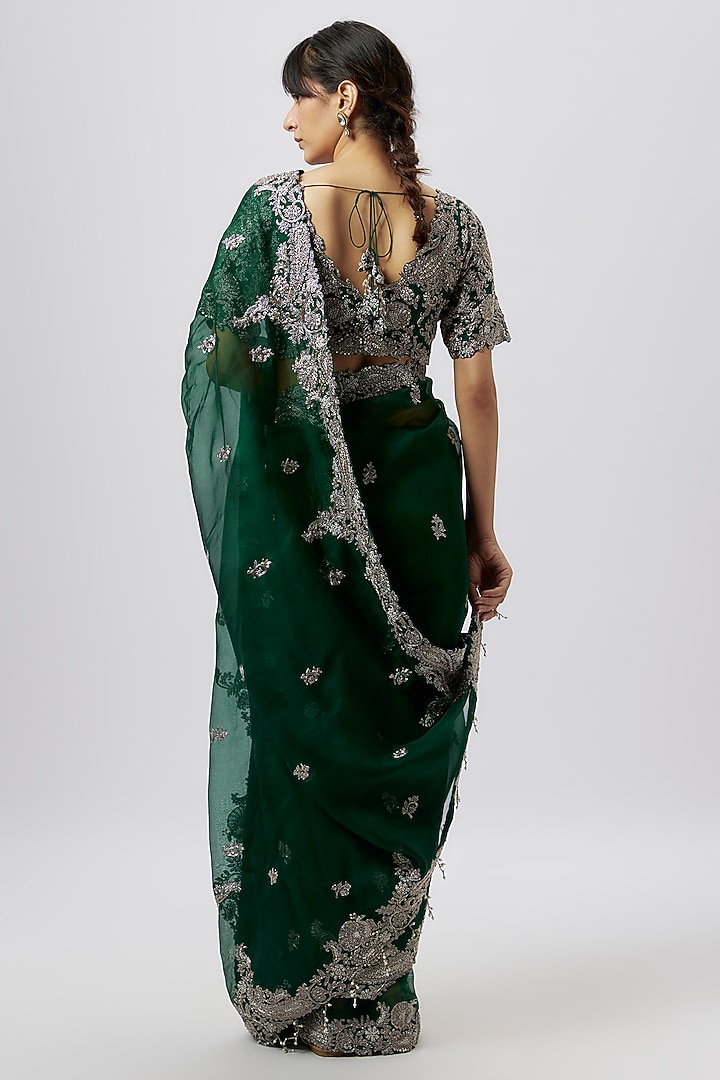 Bottle Green Organza Zari Work Reception Saree Set by Prisho at Pernia's Pop Up Shop