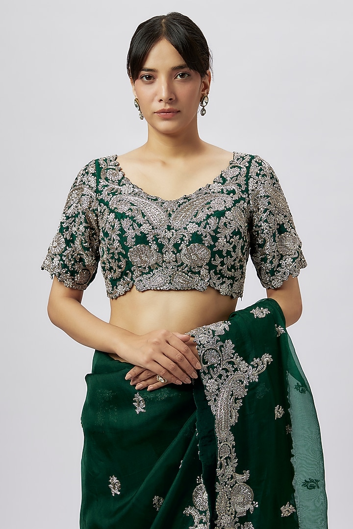 Bottle Green Organza Zari Work Reception Saree Set by Prisho at Pernia's Pop Up Shop