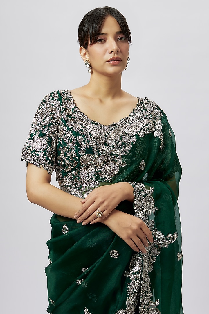 Bottle Green Organza Zari Work Reception Saree Set by Prisho at Pernia's Pop Up Shop