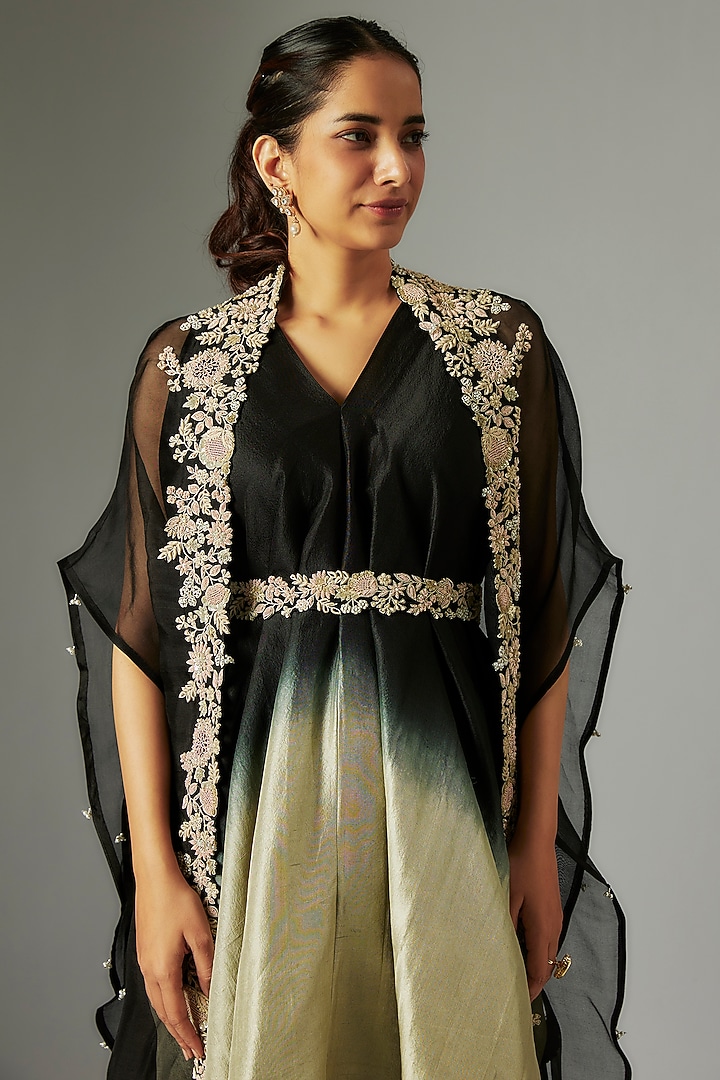 Black Organza Resham Work Cape Set by Prisho at Pernia's Pop Up Shop