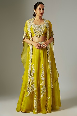 Lime Green Organza Jacket Lehenga Set by Prisho