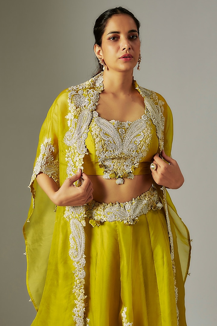 Lime Green Organza Jacket Wedding Lehenga Set by Prisho at Pernia's Pop Up Shop