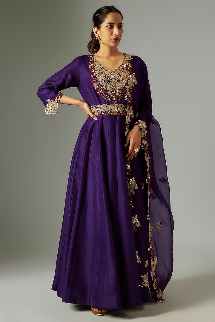 Purple Silk Dori Work Bridal Anarkali Set by Prisho at Pernia's Pop Up Shop