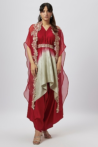 Red Organza Resham Work Cape Set by Prisho