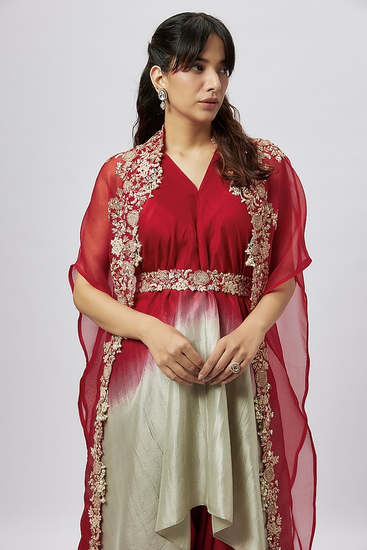 Red Organza Resham Work Cape Set by Prisho at Pernia's Pop Up Shop